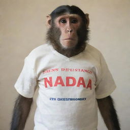 A large-chested monkey wearing a shirt with the inscription 'NANDA'