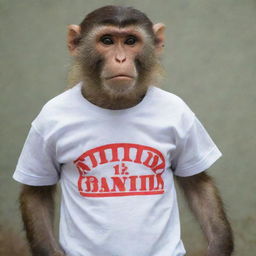 A large-chested monkey wearing a shirt with the inscription 'NANDA'