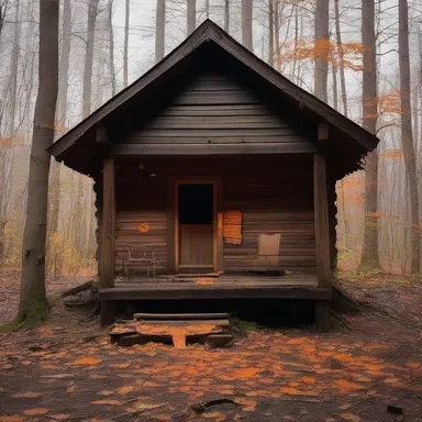 The eerie abandoned cabin in the woods was infested with orange peel fungi, their unnatural glow casting unsettling shadows on the decaying walls, setting a horrifying scene.
