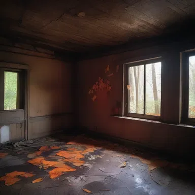 The eerie abandoned cabin in the woods was infested with orange peel fungi, their unnatural glow casting unsettling shadows on the decaying walls, setting a horrifying scene.