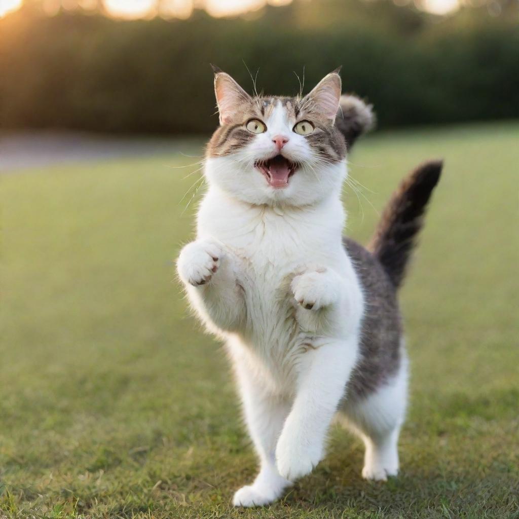 A delighted cat with bright eyes, twitching its tail in happiness, set against a peaceful backdrop.