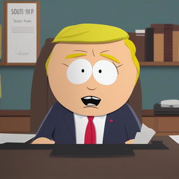 High-quality digital art of Donald Trump depicted as a South Park character, complete with his signature hairstyle and business suit