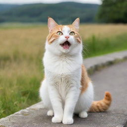 A delighted cat with bright eyes, twitching its tail in happiness, set against a peaceful backdrop.