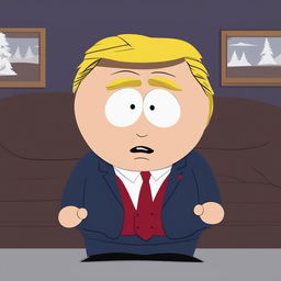 High-quality digital art of Donald Trump depicted as a South Park character, complete with his signature hairstyle and business suit