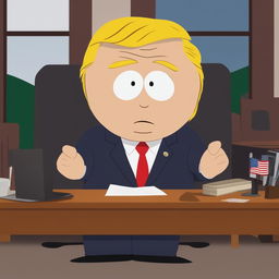 High-quality digital art of Donald Trump depicted as a South Park character, complete with his signature hairstyle and business suit