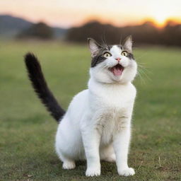 A delighted cat with bright eyes, twitching its tail in happiness, set against a peaceful backdrop.