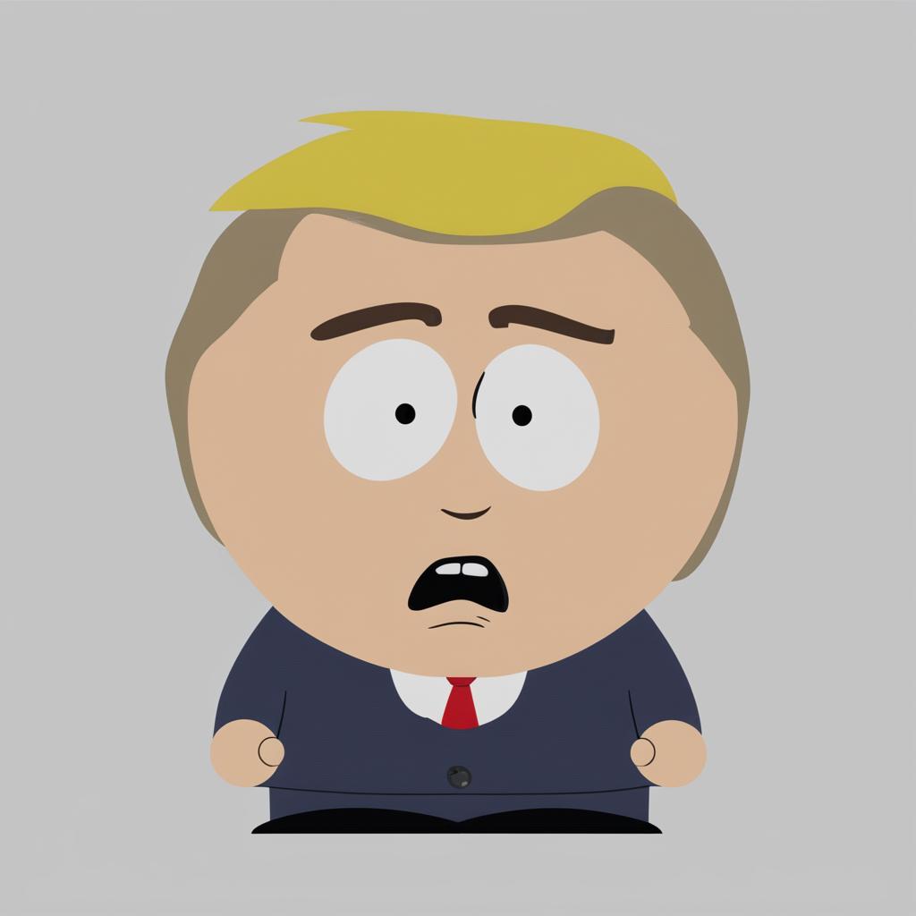 A revised high-quality digital art image of Donald Trump as a South Park character, now with an angry facial expression