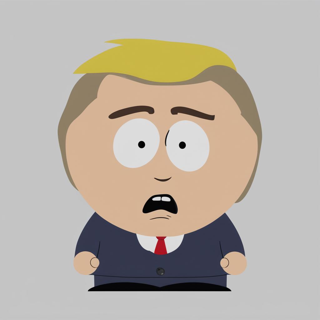 A revised high-quality digital art image of Donald Trump as a South Park character, now with an angry facial expression