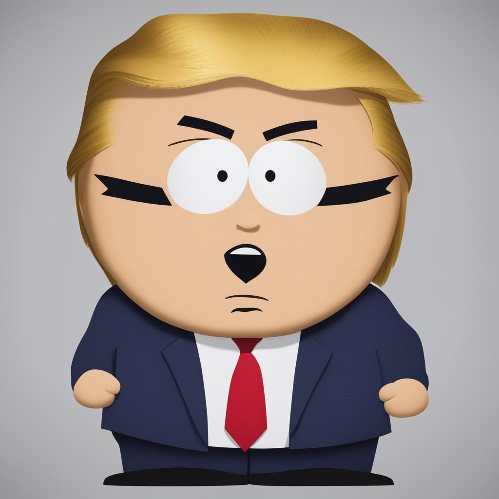 A revised high-quality digital art image of Donald Trump as a South Park character, now with an angry facial expression