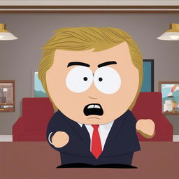 A revised high-quality digital art image of Donald Trump as a South Park character, now with an angry facial expression