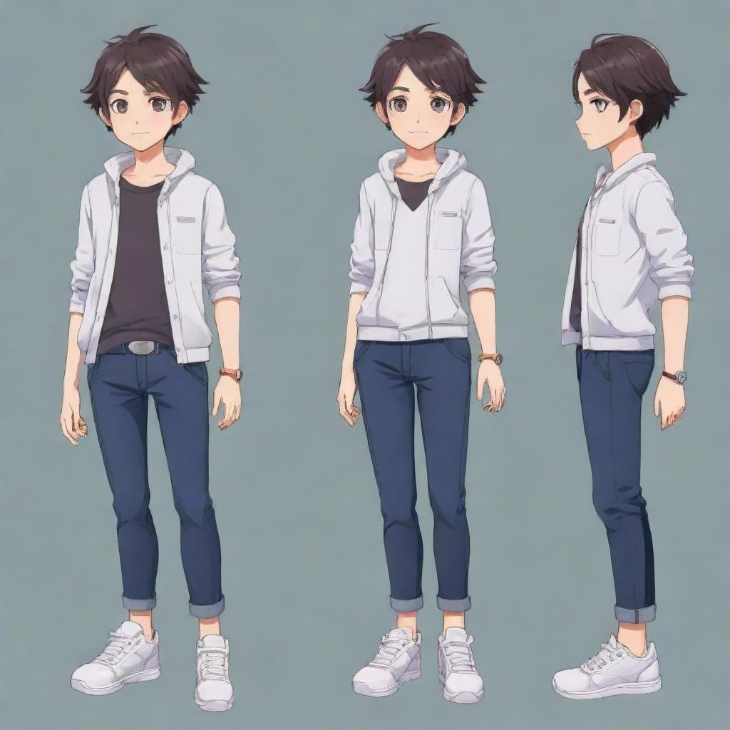 Generate a 2D anime-style game adventure character. This character embodies a unique blend of modern youthful fashion styles.