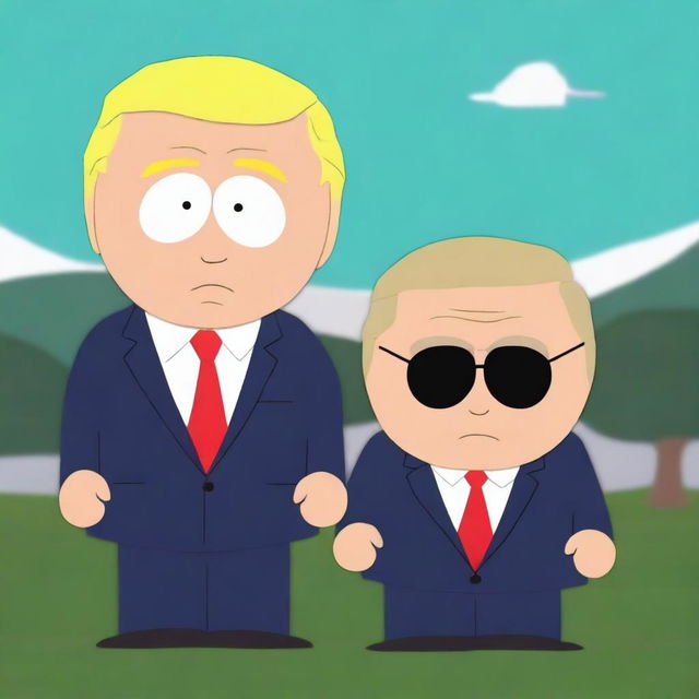 This high-quality digital art illustrates Donald Trump and Joe Biden as characters in the South Park animation style