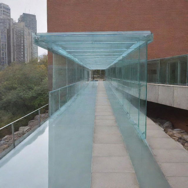 Design an enclosed glass bridge connecting two buildings, equipped with anti-fog technology within the glass. The bridge contains an electric ramp, and underneath the structure is a relaxing space.