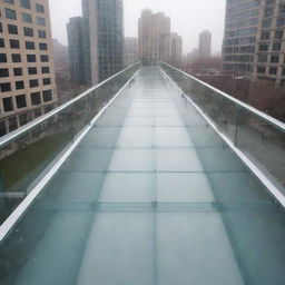 Design an enclosed glass bridge connecting two buildings, equipped with anti-fog technology within the glass. The bridge contains an electric ramp, and underneath the structure is a relaxing space.