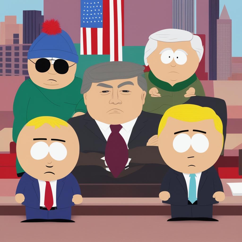 A high-quality digital art image showing Donald Trump and Joe Biden as South Park characters, each with their distinctive attire and expressions