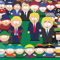 A high-quality digital art image showing Donald Trump and Joe Biden as South Park characters, each with their distinctive attire and expressions