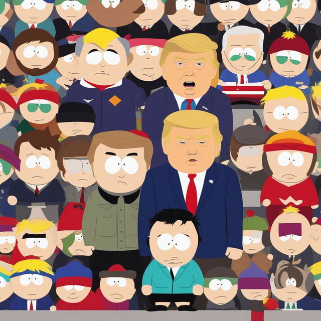 A high-quality digital art image showing Donald Trump and Joe Biden as South Park characters, each with their distinctive attire and expressions