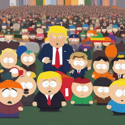 A high-quality digital art image showing Donald Trump and Joe Biden as South Park characters, each with their distinctive attire and expressions