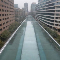 Design an enclosed glass bridge connecting two buildings, equipped with anti-fog technology within the glass. The bridge contains an electric ramp, and underneath the structure is a relaxing space.