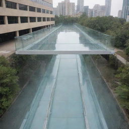 Design an enclosed glass bridge connecting two buildings, equipped with anti-fog technology within the glass. The bridge contains an electric ramp, and underneath the structure is a relaxing space.