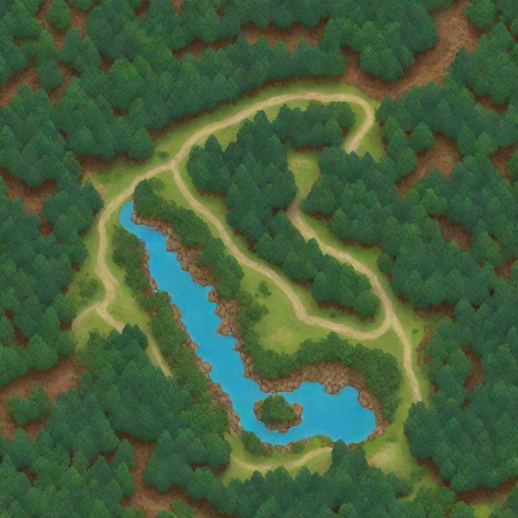 Generate a simple yet detailed map for a game adventure located in a vibrant, abundant forest with various points of interest.