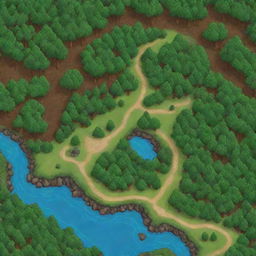 Generate a simple yet detailed map for a game adventure located in a vibrant, abundant forest with various points of interest.