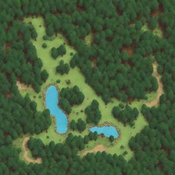 Generate a simple yet detailed map for a game adventure located in a vibrant, abundant forest with various points of interest.