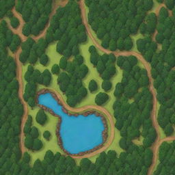 Generate a simple yet detailed map for a game adventure located in a vibrant, abundant forest with various points of interest.