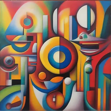The futuristic painting depicts an abstract vision of futurity, with vibrant colors and imaginative elements.