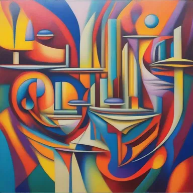 The futuristic painting depicts an abstract vision of futurity, with vibrant colors and imaginative elements.