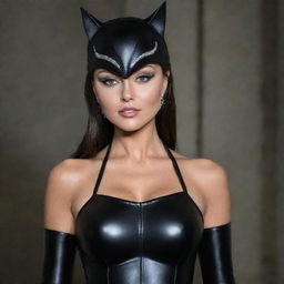 Angelique Boyer, accurately portrayed as Teresa, wearing a tasteful, detailed Catwoman costume.