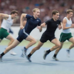 A dynamic scene of an unstoppable, quick counter-attack in a high tension sporting event with athletes moving rapidly against a blurred background.