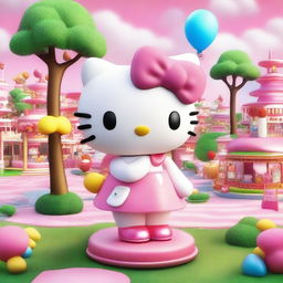 A high-quality 3D cartoon illustration, showcasing the vibrant and cheerful world of Hello Kitty