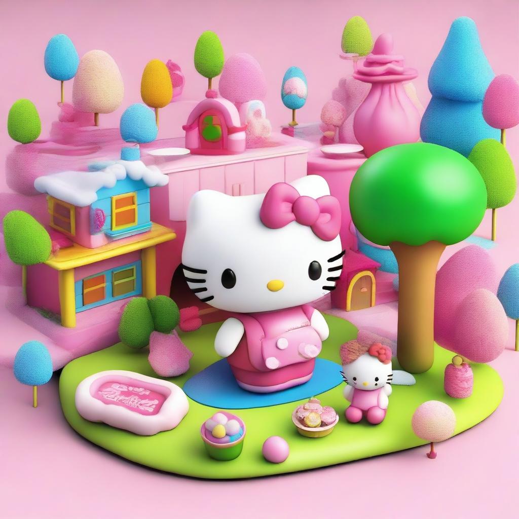 A high-quality 3D cartoon illustration, showcasing the vibrant and cheerful world of Hello Kitty