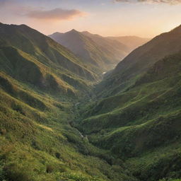 A serene mountain landscape bathed in the warm hues of sunset, with lush greenery dotting the foothills.