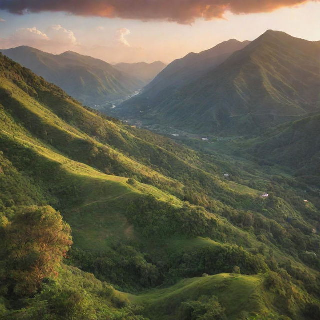 A serene mountain landscape bathed in the warm hues of sunset, with lush greenery dotting the foothills.