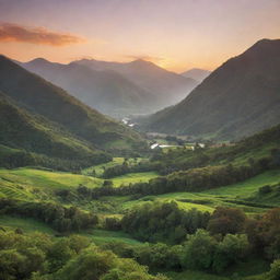 A serene mountain landscape bathed in the warm hues of sunset, with lush greenery dotting the foothills.