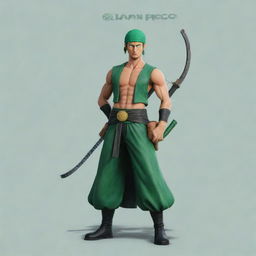 Roronoa Zoro from One Piece, styled in a Disney Pixar animation, bordered by a logo with the name 'Juan Piece'.