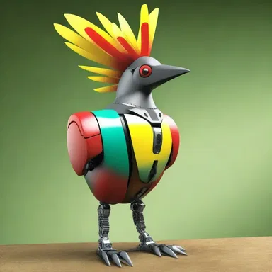In the distant future, scientists created a robotic companion modeled after the touraco, complete with its distinctive crest and colors.