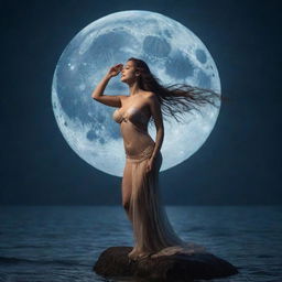 A mystical, voiceless siren under the radiant light of a full moon, ethereal and captivating amidst the infinite expanse of the night sky.