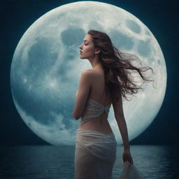 A mystical, voiceless siren under the radiant light of a full moon, ethereal and captivating amidst the infinite expanse of the night sky.