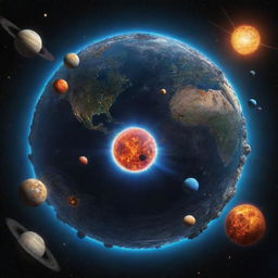 A vibrant solar system with an enlarged Earth at its center, surrounded by orbiting spaceships. Humans are in the process of constructing a Dyson sphere around the Earth.