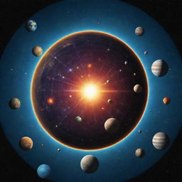 A vibrant solar system with an enlarged Earth at its center, surrounded by orbiting spaceships. Humans are in the process of constructing a Dyson sphere around the Earth.