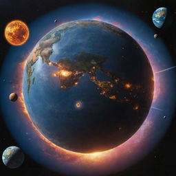 A vibrant solar system with an enlarged Earth at its center, surrounded by orbiting spaceships. Humans are in the process of constructing a Dyson sphere around the Earth.