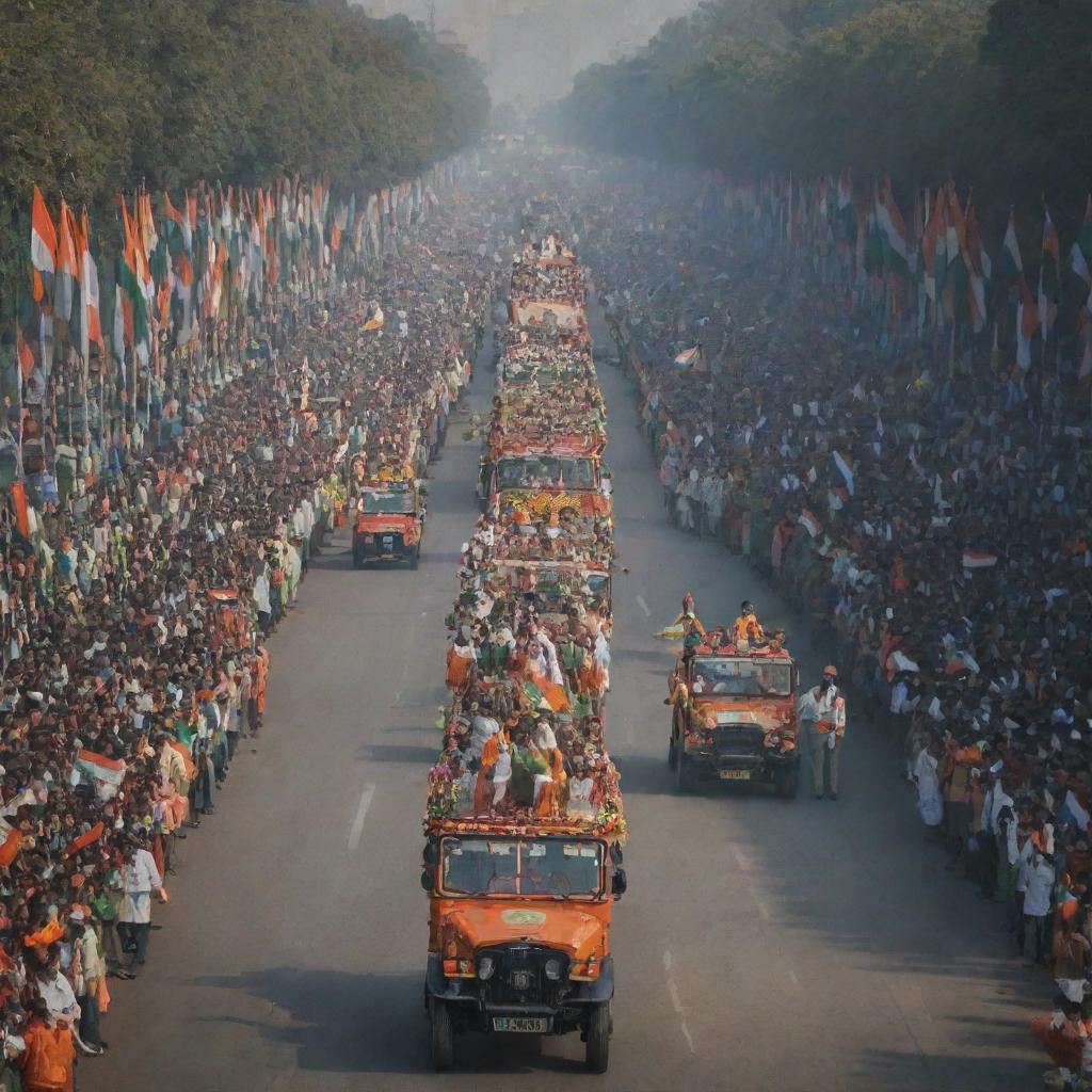 Edit the image to incorporate elements of a bustling Republic Day celebration with parades, tricolor flags, and vibrant crowd scenes.