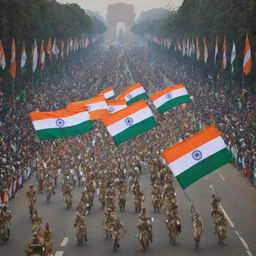 Edit the image to incorporate elements of a bustling Republic Day celebration with parades, tricolor flags, and vibrant crowd scenes.