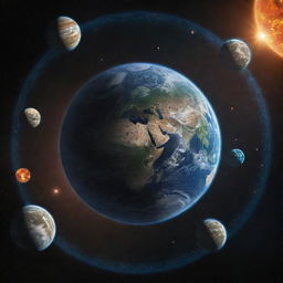 A lively solar system featuring a magnified Earth. Space-ships are swirling around the Earth and a partially built Dyson sphere is visible, signifying the peak of human technological advancement.