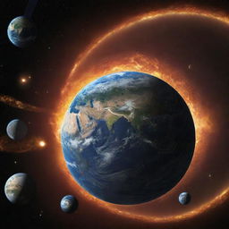 A lively solar system featuring a magnified Earth. Space-ships are swirling around the Earth and a partially built Dyson sphere is visible, signifying the peak of human technological advancement.