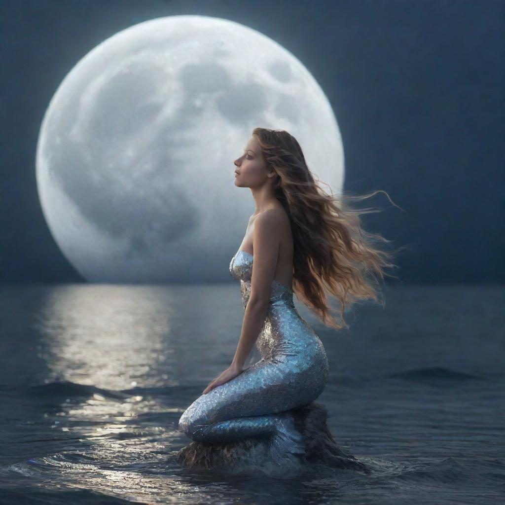 An enchanting, voiceless mermaid illuminated by the silvery light of a full moon, betwixt gentle sea waves.