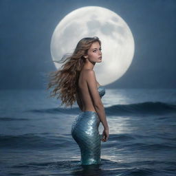 An enchanting, voiceless mermaid illuminated by the silvery light of a full moon, betwixt gentle sea waves.